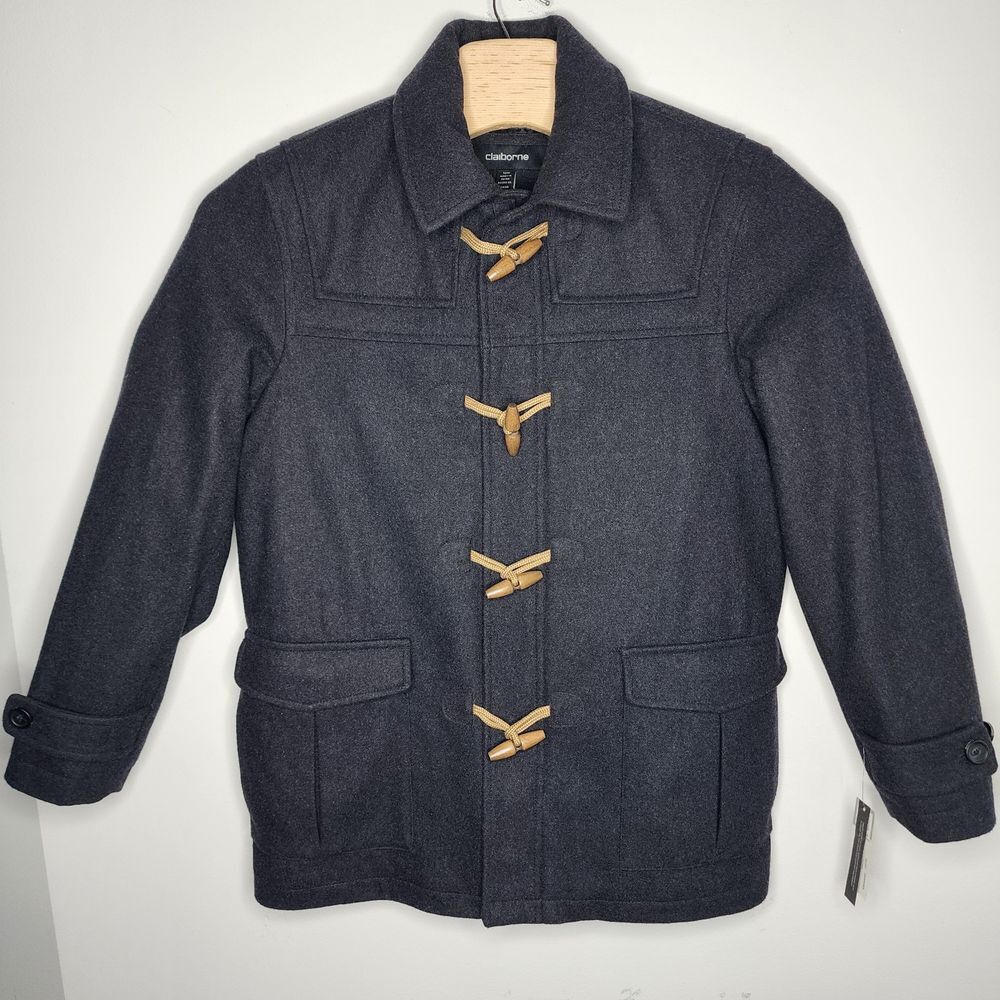 Claiborne Wool Blend Duffel Coat Men's M Charcoal Grey Horn Toggle Buttons READ